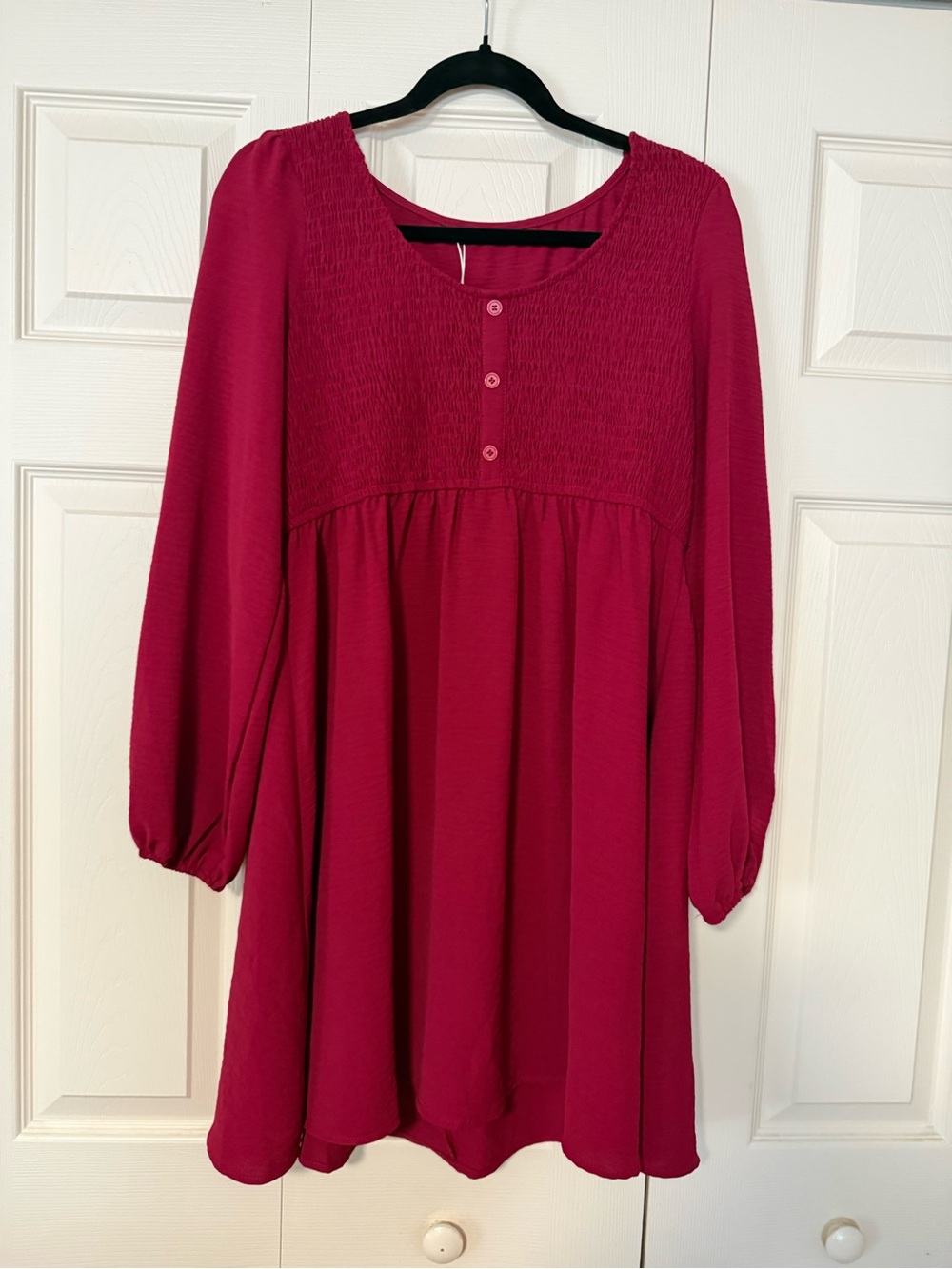 Women's Smocked Yoke Long Sleeve Dress - maroon